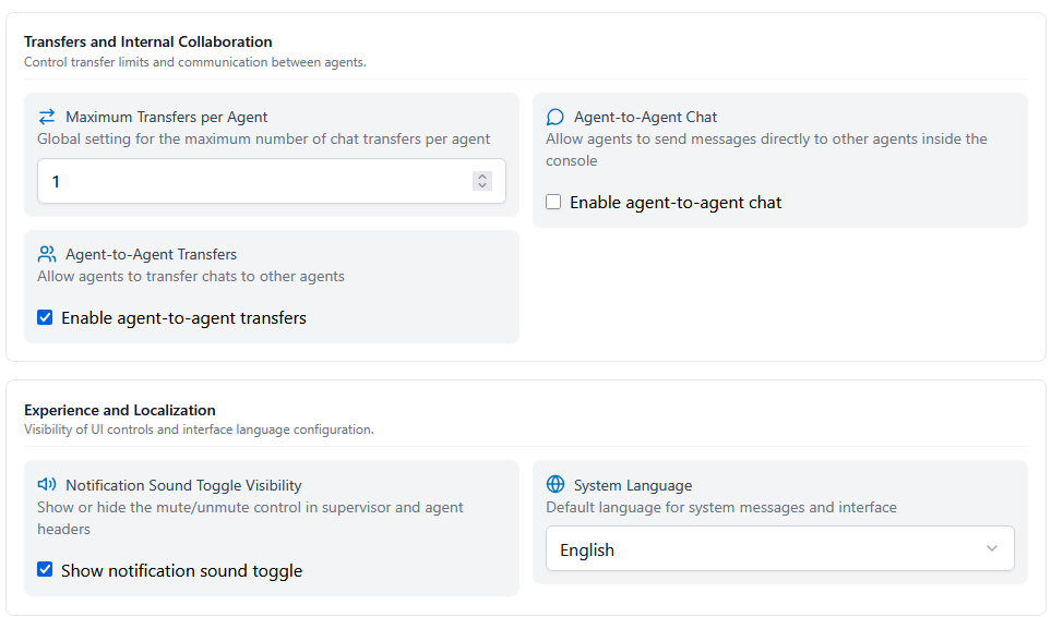 Transfers and collaboration plus experience and localization settings