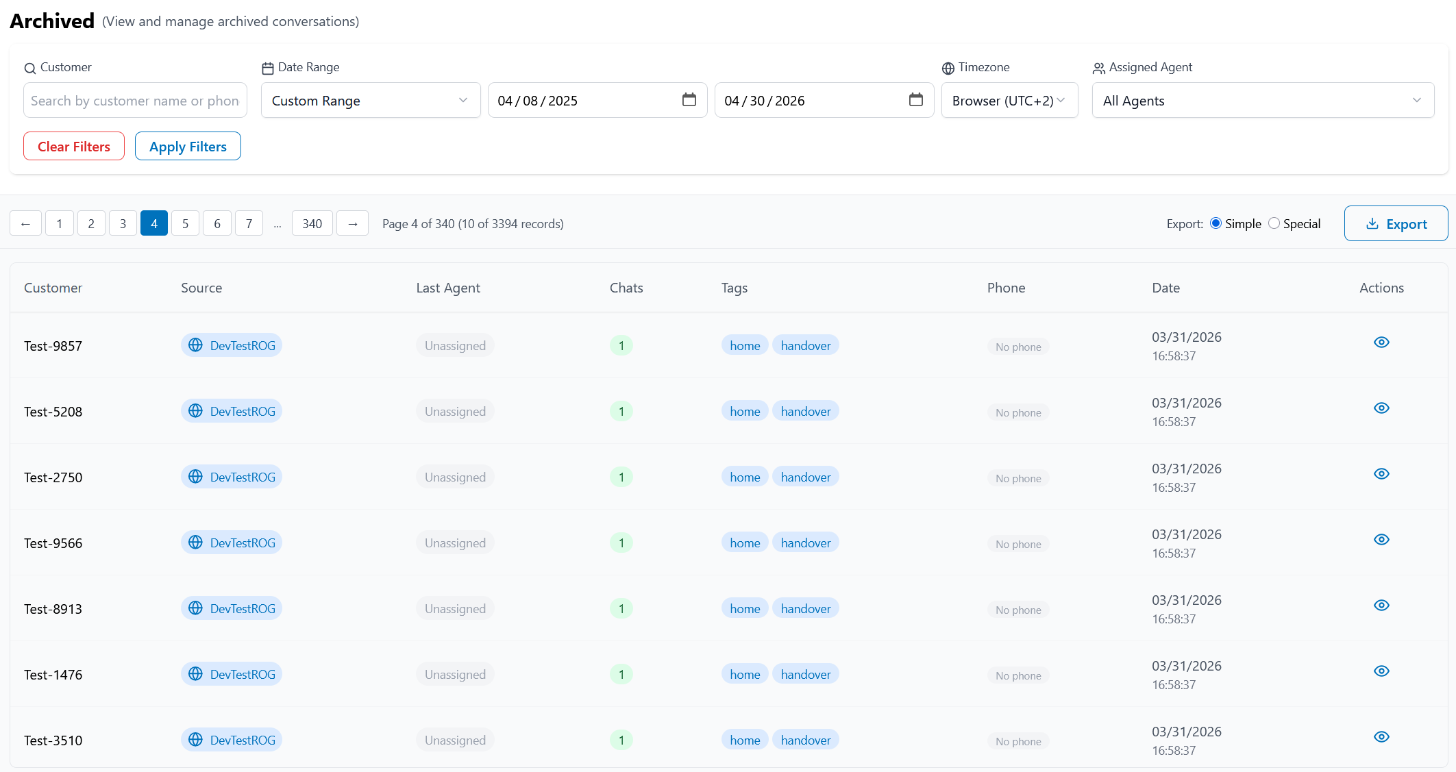 Archived tab list view